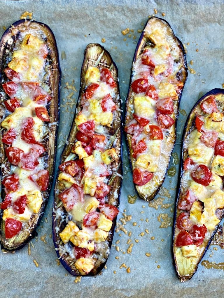 Baked eggplant with brie cheese, parmesan, and tomatoes