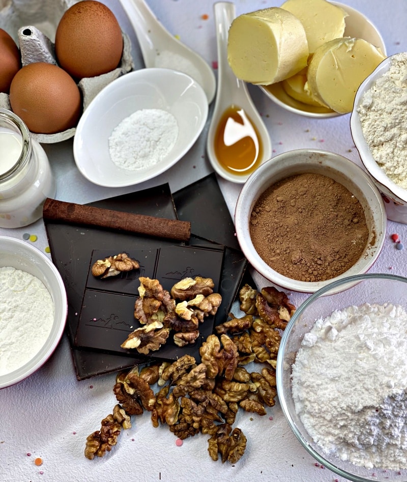 ingredients for chocolate brownie with walnuts
