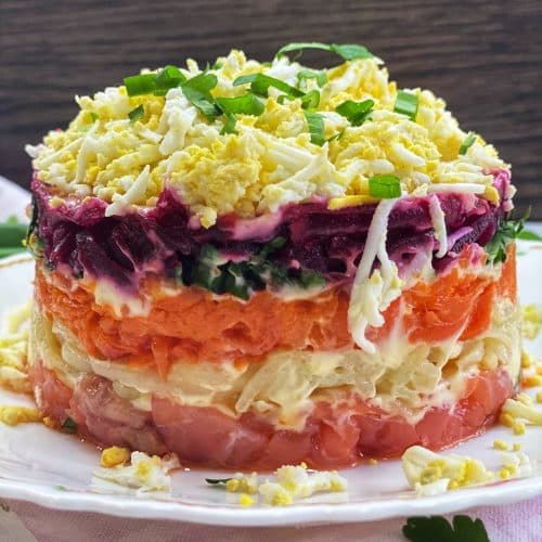 Layered Russian salmon salad