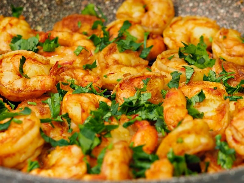fried shrimp in garlic butter and herbs