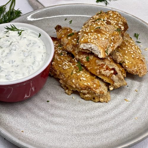 chicken fingers with tzatziki dipping sauce beaufiful plate