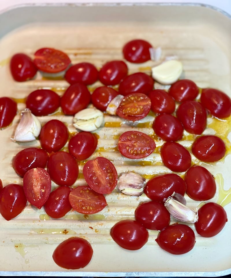 garlic and cherry tomatoes on grill pan