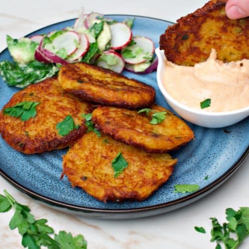 vegan potato fritters with lentils and sriracha mayonnaise