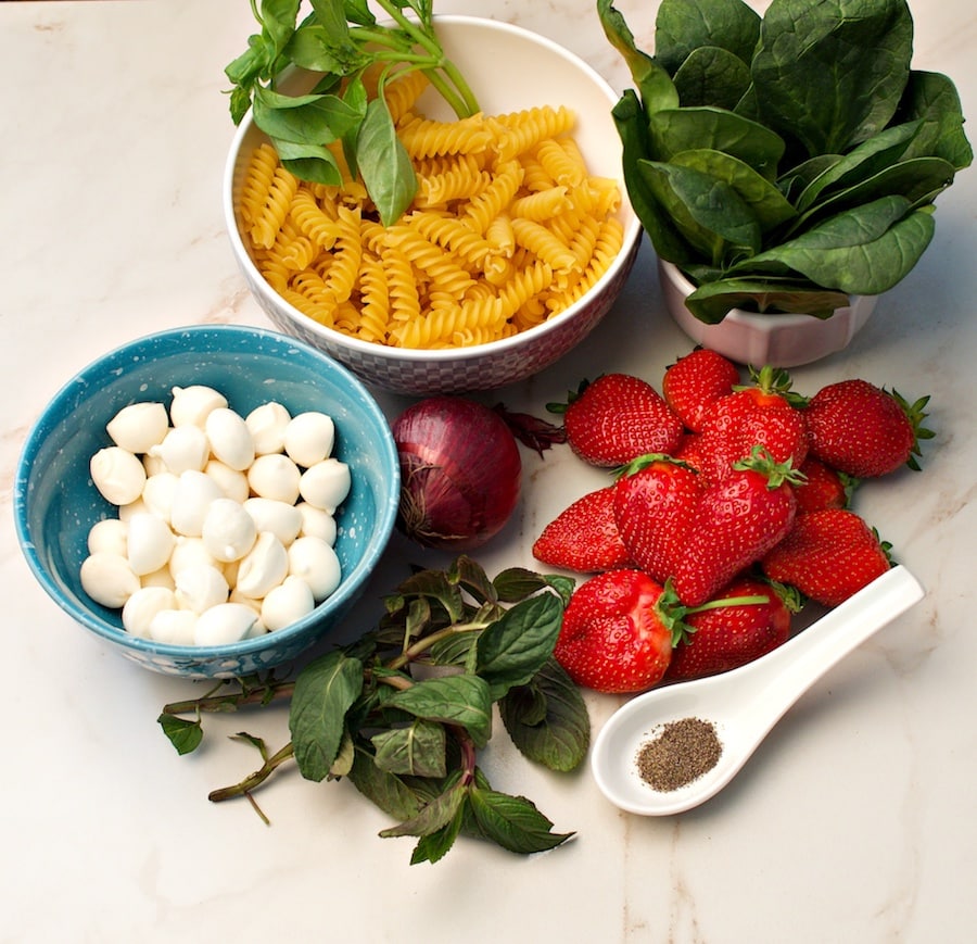 ingredients for strawberry pasta salad