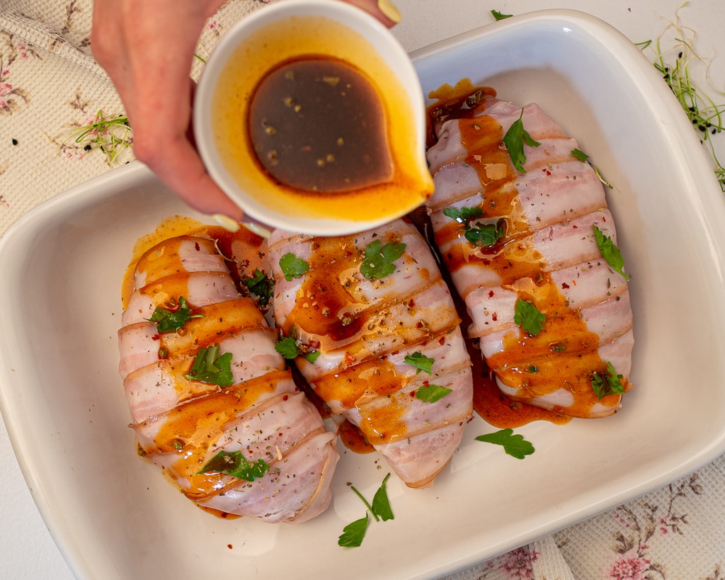 keto chicken breasts wrapped with bacon and glazed