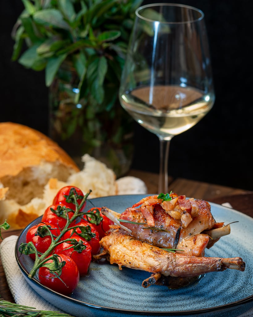 best roasted rabbit and glass dry white wine