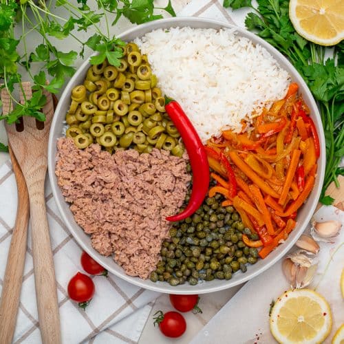 tuna rice salad with sauteed veggies