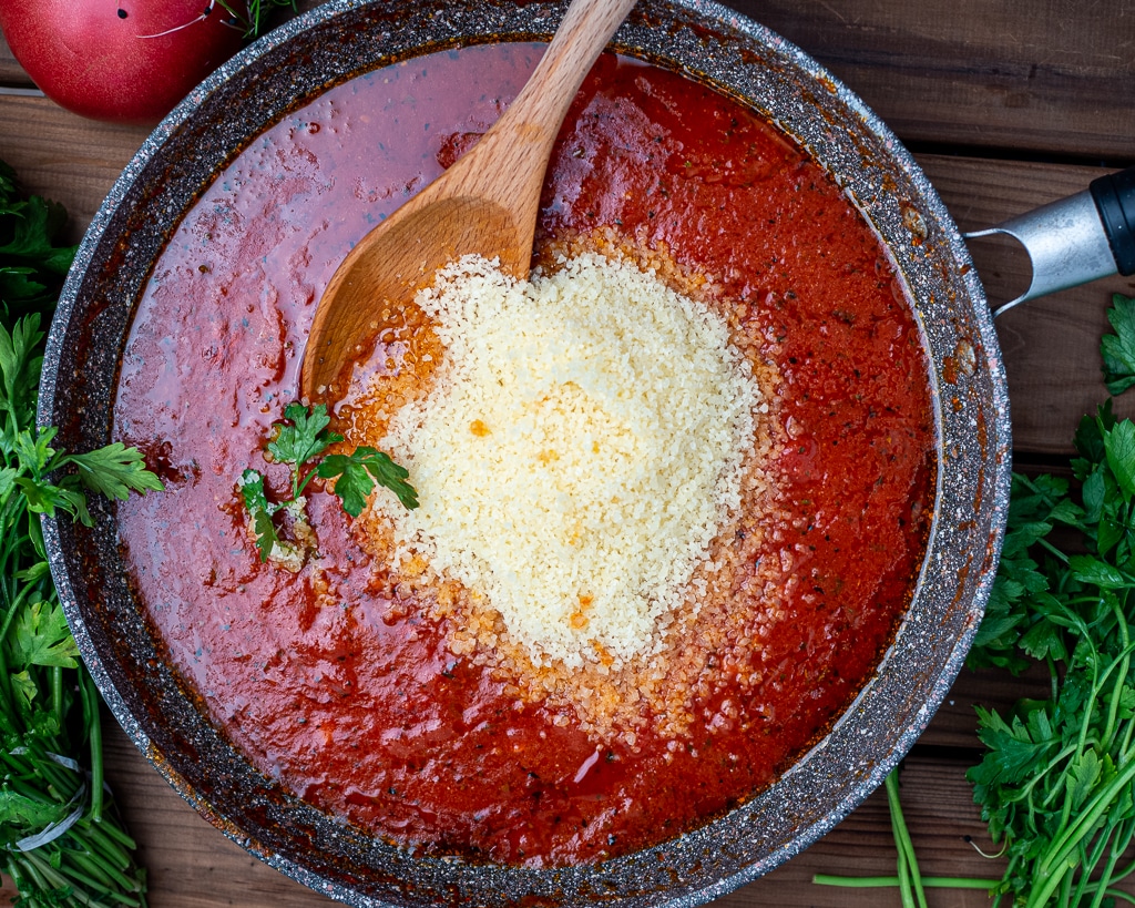pan with amrinara sauce and parmesan
