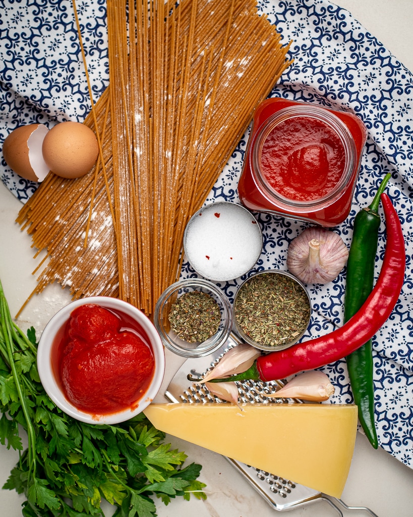 whole grain spaghetti, canned tomatoes, parmesan, marinara sauce ingredients