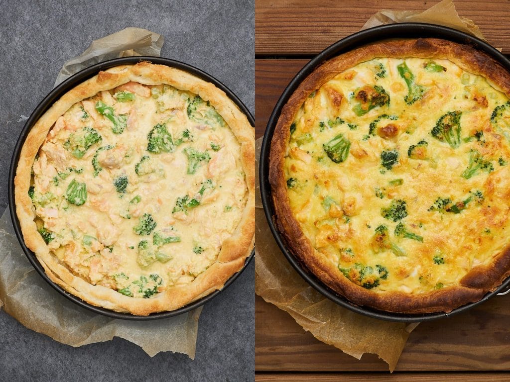 Salmon Quiche is always a delight in my house. Fresh salmon, raw broccoli, cheese, and positive feelings will bring warmth and cosiness into your kitchen.