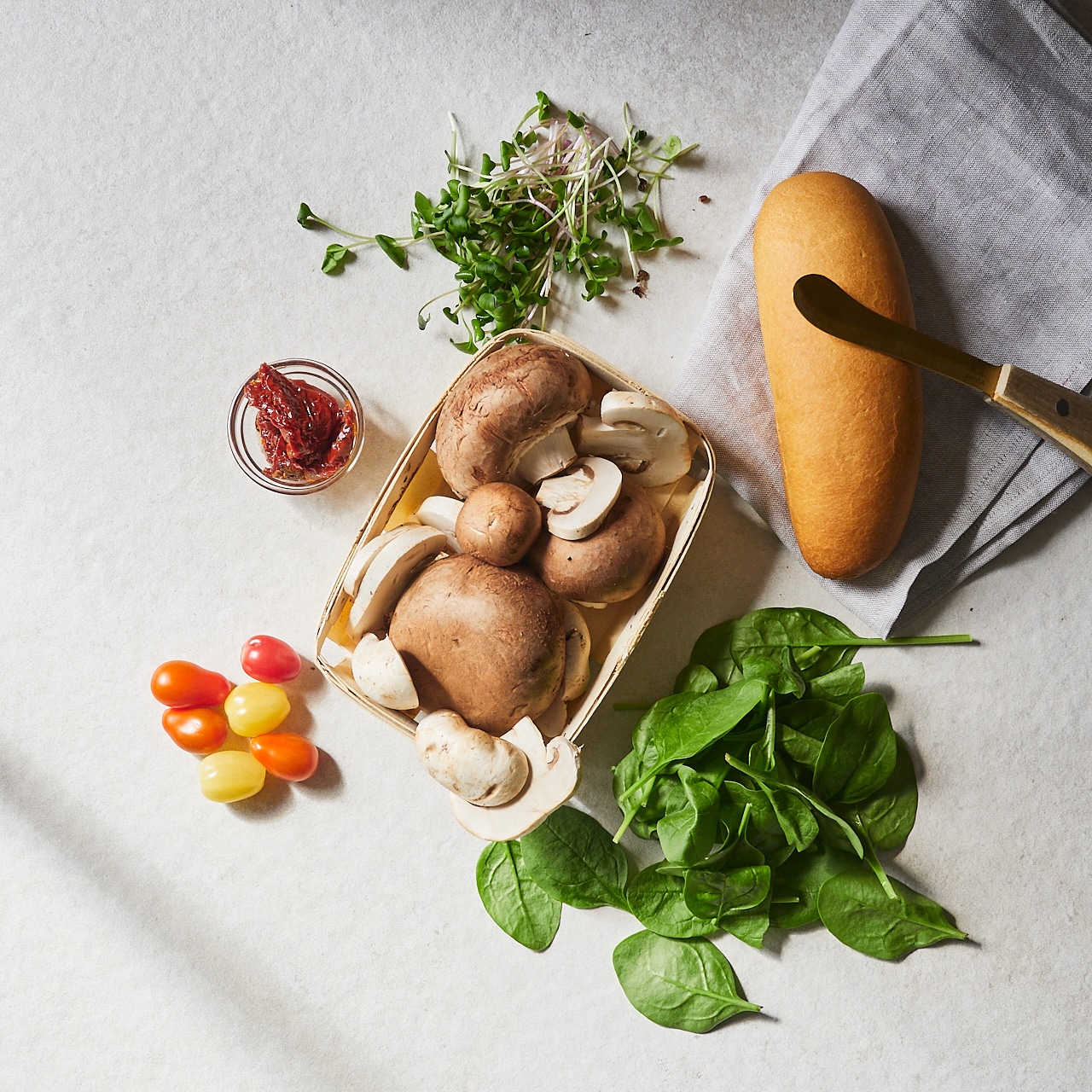 ingredients for vegan mushroom spinach baguette