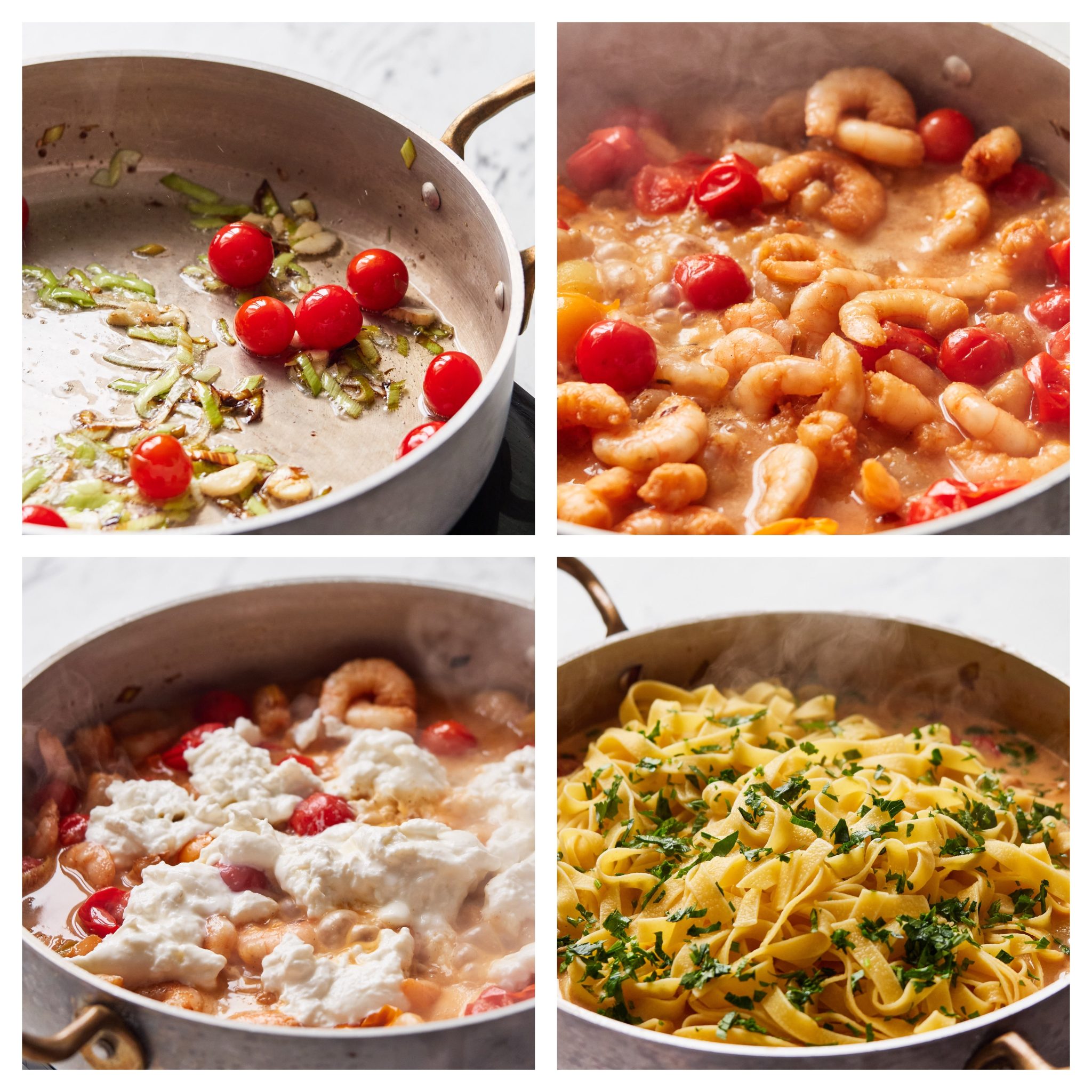 how to cook creamy shrimp, burrata and cherry tomato pasta